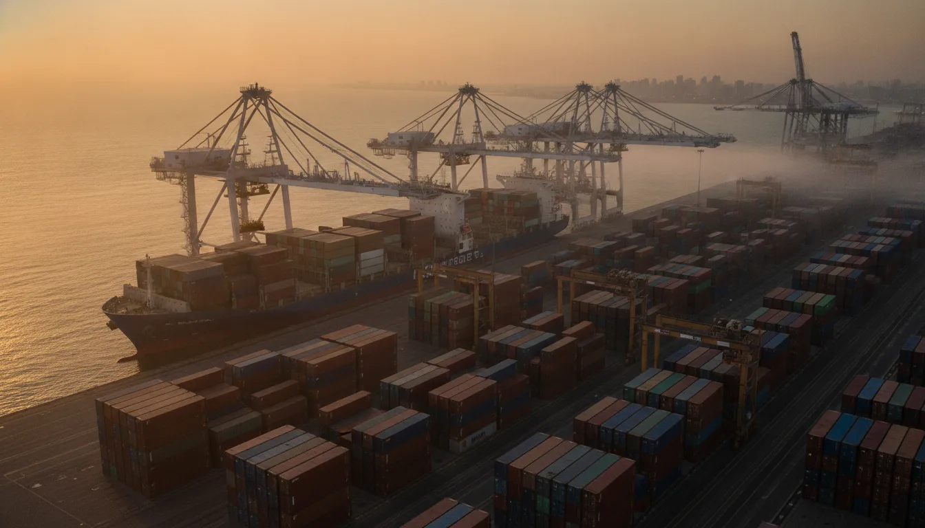 Porto de contêineres em operação ao entardecer